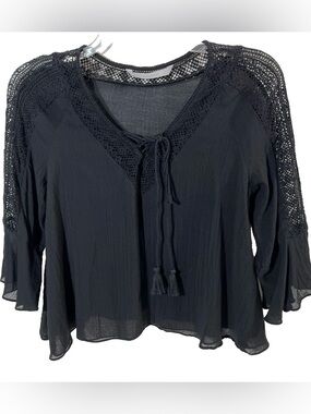 Zara Black Crochet-Shoulder V-Neck Tassel Blouse